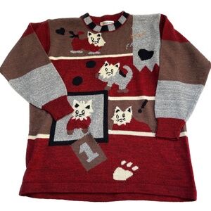 Embroidered Sweater Cats Friends Pullover Crewneck Red Brown Long Whimsey